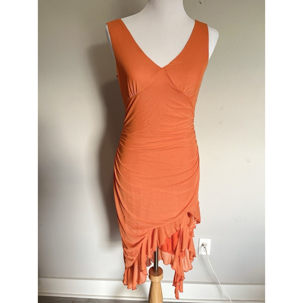 Y2K Orange Chiffon Dress Sz M Fairy Asymmetric Ruffle Romantic Salsa Beach Party